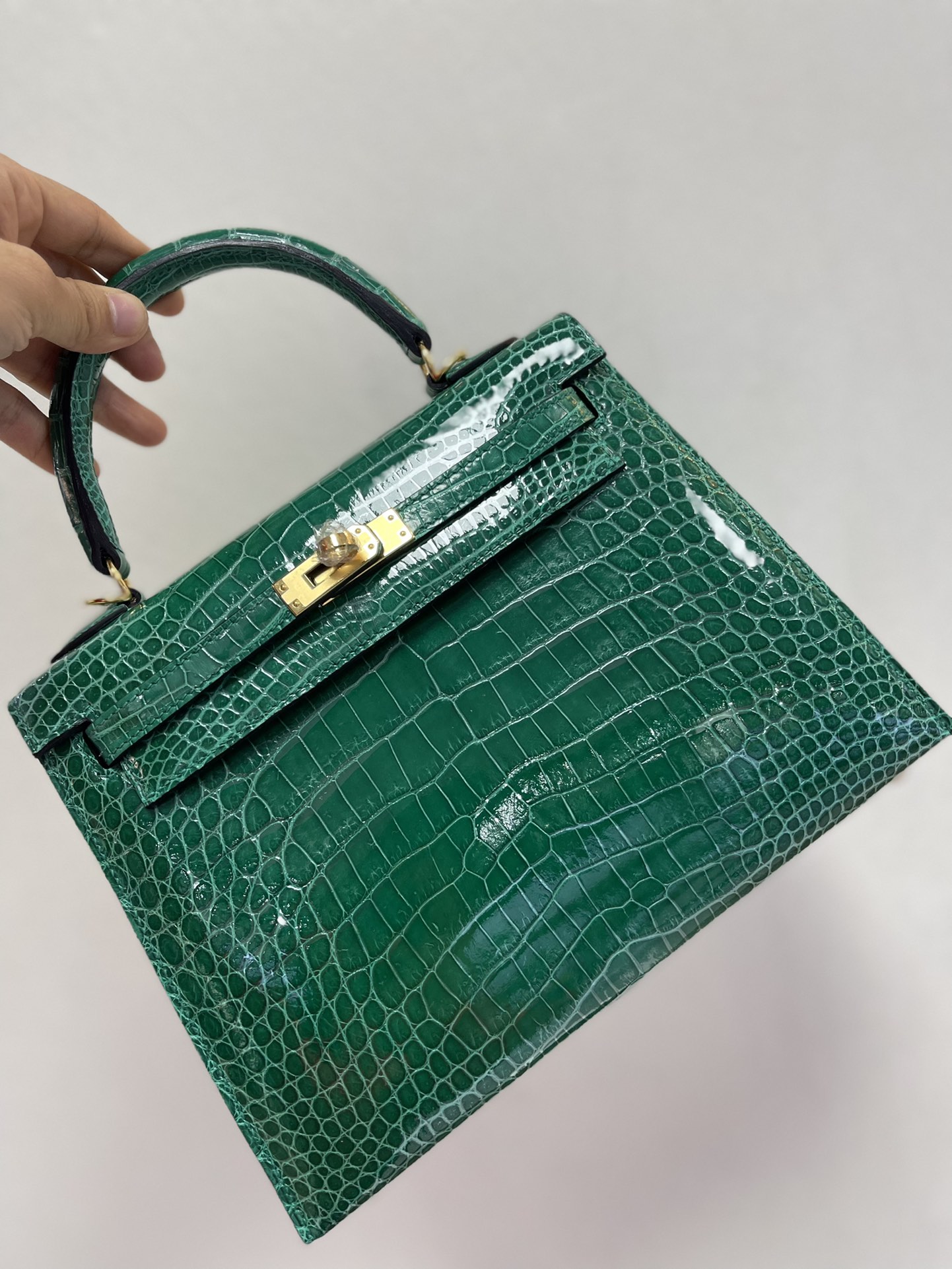 Hermes Kelly 25cm Handbag Shoulder Bag In Vert Emeraude Shiny Crocodile Niloticus Leather